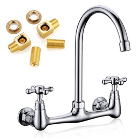 Favorpo Commercial Brass Wall Mount Faucet, 2 Handles, 8 Inches Center, 360 Swivel, Polished Chrome, for Kitchen Sink