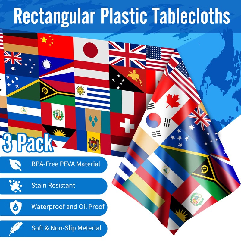 Runmeihe 3 Pack Plastic Rectangle International World Flag Table Cloth,