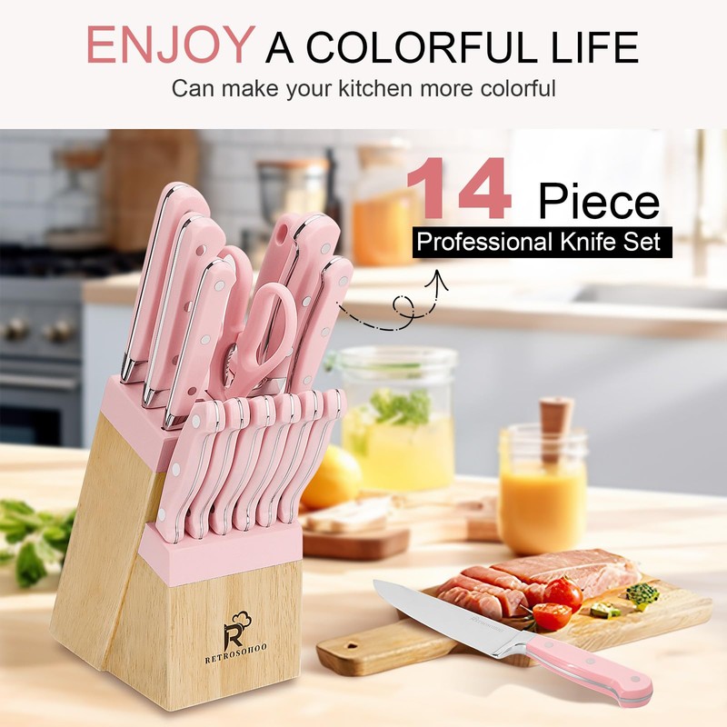 Pink Knife Set,14 Pieces Professional Kitchen Knife Set with Universal