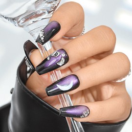 Sethexy Purple Long Ballerina Handmade Press On Nails Rhinestone Hand-Painted False Nails Shiny Acrylic False Nails Salon Quality for Women and Girls 20 Pieces (O)