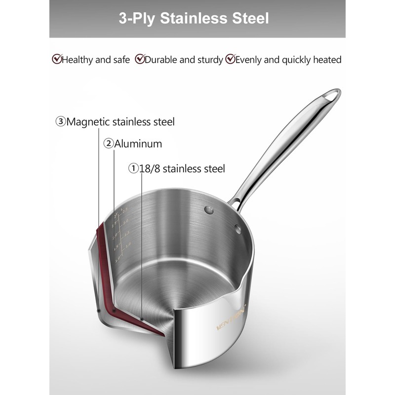 VENTION Tri-Ply Stainless Steel Saucepan with Glass Strainer Lid, 3