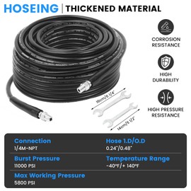 100FT Sewer Jetter Kit for Pressure Washer, 5800 PSI Water Jet Drain Cleaner Hose Corner Rotating Button Nose Sewer Jetting Nozzle 1/4 Inch NPT, Sewer Jetter Nozzles Kit with Spanner Handle Strap