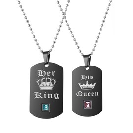 Uloveido His Queen and Her King Black Titanium Couple Pendant Necklaces with Crown Tag - His and Hers Matching Wedding Jewelry Sets for Men and Women with CZ SN115 (Black Necklaces/King Queen)