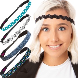 Hipsy Women's Adjustable NO SLIP Harlequin Fashion Headbands (Blue & Teal Multi 5pk)