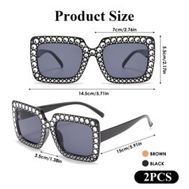 Pack of 2 Retro Sunglasses for Men and Women, Glitter Party Glasses with Rhinestones, Party Glasses with Thick Frame, Square, Party Sunglasses, Fancy Dress Glasses for Party, Prom, Carnival, Free