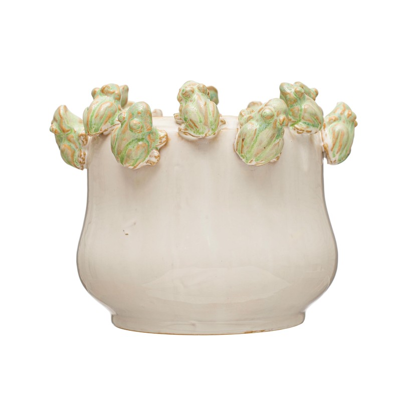Creative Co-Op Stoneware Planter with Frogs on Rim and Reactive
