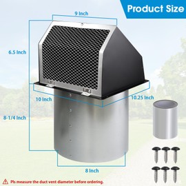 8” Wall Vent Hood Exhaust Vent Cover Exterior Outdoor Hooded Wall Vent with Screen and Damper,Wall Exhaust Vent Cover Cap Vent Cover Exterior for House Kitchen Range Hood Dryer,Black Wall Vent Cap