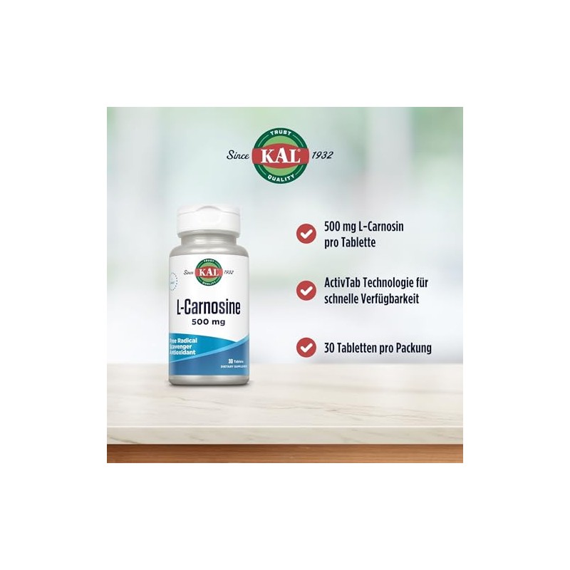 KAL 500 Mg L-carnosine Tablets, 30 Count