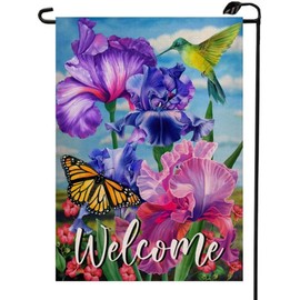 Spring Hummingbird Iris Garden Flag 12x18 Inch Double Sided Purple Flower Bird Yellow Butterfly House Yard Welcome Outdoor Summer Floral Outside Decoration CJ13