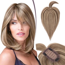 TESS Hair Topper Real Hair Brown Balayage, 7 x 13 cm Base Toupee Women's #4P27 Brown/Dark Blonde with Fringe Hair Topper Real Hair 44 g 35 cm Hair Topper Clip-In Hairpiece Extensions
