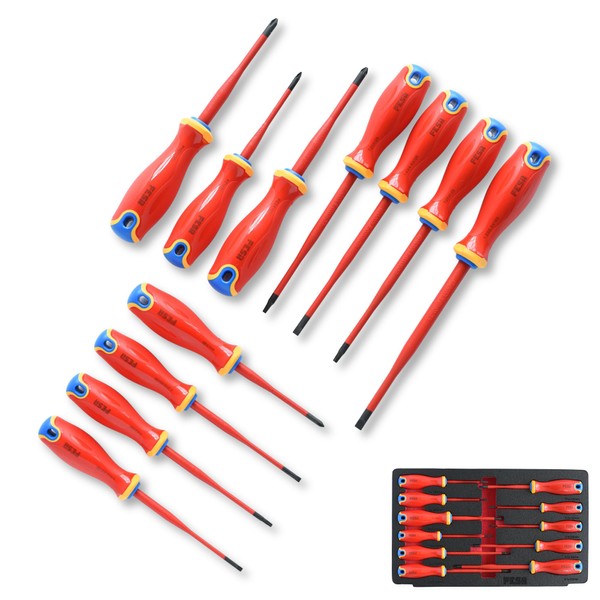 FESA Electrician Insulated Screwdriver Set - 1000V 11-Piece Professional Electrician Screwdriver Set with Magnetic S2 Steel Tips - Pozidriv, Phillips, Flathead or Slotted & Torx - Insulated Tools