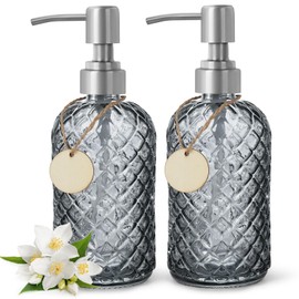 2 Pack Gem-Patterned Glass Soap Dispenser with Rust Proof Stainless Steel Pump-13 oz Liquid Hand Soap Dispenser for Kitchen & Bathroom,Great for Lotions, Essential Oil, Liquid Soaps-Gray