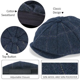 Men’s Woolen Newsboy Cap Tweed Gatsby Ivy Cabbie Flat Twill Golf Hat Present for Fathers Women Unisex Herringbone Golden Plaid XL