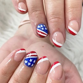 4th of July Press on Nails Extra Short Round French Tip Fake Nails Full Cover False Nails with Red Blue and Stars Designs Glossy Acrylic Nails Artificial Nails for Women Girls 24 Pcs