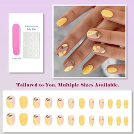 24pcs Short Oval French Yellow Press-On Nails, Nude Pink Full-Cover Acrylic False Nails with Summer Lemon Zing Accent, 12 Sizes, Reusable Stick-On Set for Women & Girls