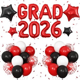 Red Black Graduation Decorations Class of 2026, GRAD 2026 Foil Balloons Banner with Black Red White Confetti Balloons, Star Helium Balloon for 2026 Graduation High School College Grad Party Supplies