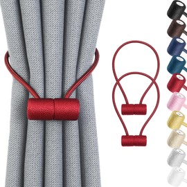 Remunkia Magnetic Curtain Tiebacks 2 Pack, Curtain Tie Backs Holder, Outdoor Curtains Tiebacks Window Treatment Holdbacks with Strong Magnet for Home Bedroom Office Decorative Drape Curtains - Wine