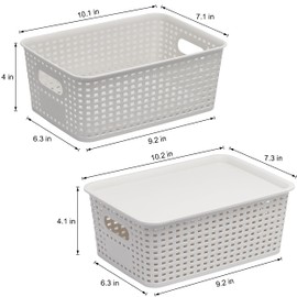 4 Pack Plastic Storage Baskets with Lids and Handles, Stackable Organizer Bins with lids for Shelves, Cabinets, Kitchen, Bathroom, Bedroom, and Classroom (White, 4PACK)