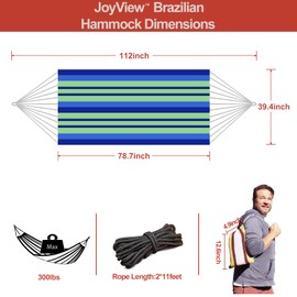 JoyView Brazilian Hammock for Single Preson Portable Hammock with Hanging Ropes & Carry Bag Large 78.8x39.4” Cotton Hammock for Patio 300LBS Capacity Perfect for Outdoor/Indoor - Blue Stripes