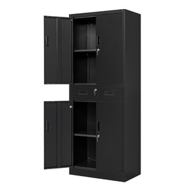 CJF Metal Storage Cabinets with Drawer and Adjustable Shelves, Lockable Storage Cabinet for Pantry Home Office Garage Kitchen Living Dining Room (Black)