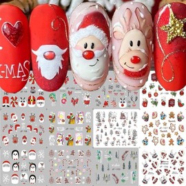 12 Sheets Christmas Nail Stickers Water Transfer Nail Decals Santa Claus Snowman Elk Penguin Nail Art Stickers Pine Winter Nail Art Supplies for Women Xmas Nail Art Decorations