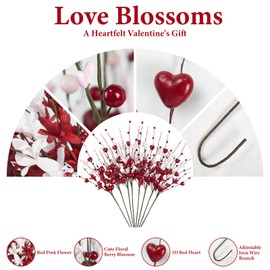 Valentines Day Decorations, 8PCS Valentine Floral Picks, Red Pink Heart Shaped Flower Stems, Artificial Berry Dry Flower Fillers for Vase, Table Centerpiece, Wedding Arrangement, Galentines, 24INCH