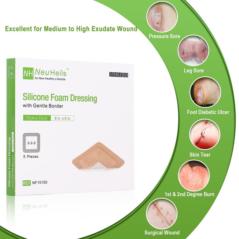NeuHeils Silicone Foam Dressing with Border 6"x6", 5 Pack for