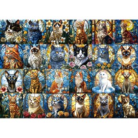 Blueforest 1000 Piece Puzzle for Adults - Stained Glass Cats Mosaic Art | Challenging Jigsaw Puzzle with Poster, Game Night Gift (27.6x19.7 Inch)