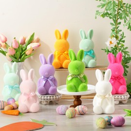 Wesiti 8 Pcs Flocked Bunny Easter Decorations with Bowtie 6.9 Bunnies Figurines for Easter Centerpieces Spring Courtyard Lawn Garden Tabletop Sculpture Nursery Decor for Gift Party Decoration