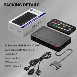 GSCOLER 10-Port ARGB & PWM Fan Hub Controller - Magnetic Mount 5V/3PIN RGB PC Fan Hub with Wireless Remote, Chassis Key Control & SATA Power - Support 10 PWM Case Fans Splitter & ARGB Lighting Devices