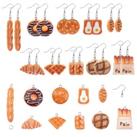 SUNNYCLUE 1 Box DIY 10 Pairs Earring Making Sets on Food Simulation Croissant Baguette Bread Hamburger Toast Resin Pendant Charms with Earring Hooks for Jewellery Making