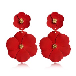 Unique Boho Flower Dangle Earrings Exaggerated Layered Floral Petal Drop Earrings Statement Stud Earring for Women Jewelry Gifts (Red Flower Dangle Earrings)