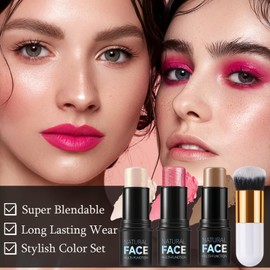 3 Pack Contour Highlighter Blush Sticks with Brush, Cream Bronzer Contour Stick Kit for Cheeks Eyes Lips, Long Lasting Waterproof Smooth Multi Stick Face Makeup Set for All Skin Type (Set A)