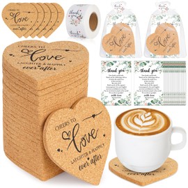 100 Set Wedding Favors for Guest Heart Cork Coasters Gifts Bulk Heart Shaped Coasters 100 Thank You Cards Organza Bags 1 Roll Thank You Stickers Guest Souvenirs for Wedding Party Bridal Favors (100)
