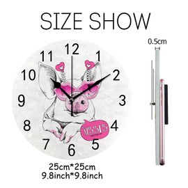 Wall Clock for Living Room Decor Cute Pig Pink Lips Sunglasses PVC 9.8 Inch Hanging Round Desk Clocks Silent Non-Ticking Battery Operated Easy to Read Bathroom Kitchen Office
