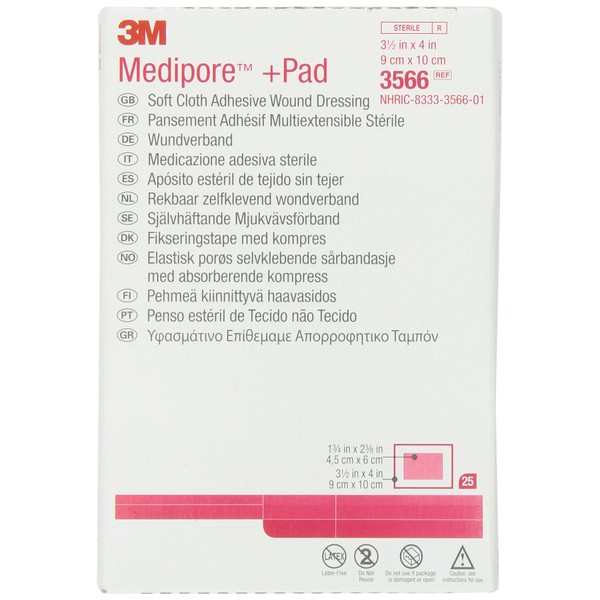 3M™ Medipore™ +Pad Soft Cloth Adhesive Wound Dressing 3566, Dressing size 3 1/2 IN x 4 IN, Pad size 1 3/4 IN x 2 3/8 IN