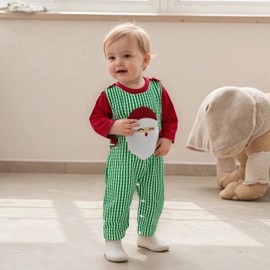 xkwyshop Infant Newborn Baby Boy Girl Christmas Outfit Santa Embroidery Long Sleeve Romper Plaid Overalls Pants Set Clothes (Red, 0-3 Months)