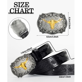 JowTreex Western Leather Buckle Belts - Cowboy Longhorn Bull Pattern Buckle Belt Floral Engraved Buckle Belt for Men Women