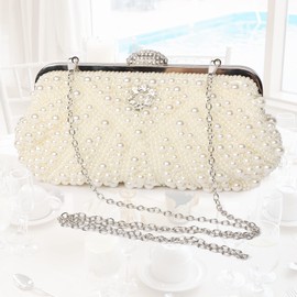Beaface Women's Clutch Bag Beaded Pearl Clutch Bags for Women, Evening Clutch Handbag Crossbody Bags for Wedding Prom Party Gift for Mom Wife (White 2)