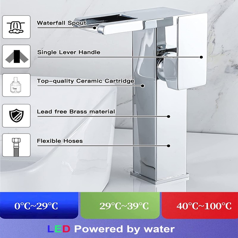 Chrome Bathroom Vessel Faucet Led Light 3 Color Changing Waterfall