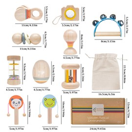 Addcean 10 PCS Wooden Baby Toys Set-Organic Infant Rattles Newborns 0-6 Month & Montessori-Inspired Musical Instruments for 0-12 Month - Natural Toddler Developmental Toys