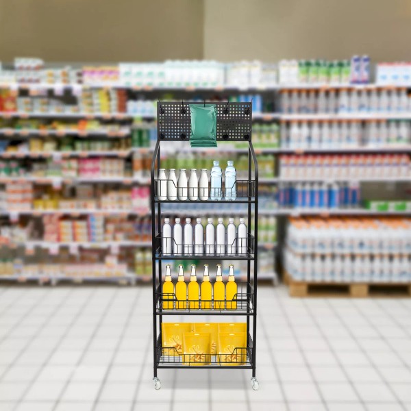 4 Tiers Baskets Adjustable Rolling Display Snack Rack Freestanding Stand