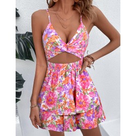 AGERWAY Rompers For Women Rompers For Women Dressy Summer Jumpsuit For Pink Floral Romper Short Romper M
