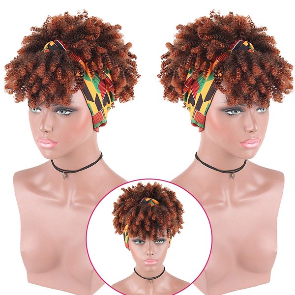 Short Afro Kinky Curly Wigs Headbands For Black Women Natural Black Curly Headband Wig with Bangs Synthetic Curly Wigs with Head Wrap 2 in 1 for Women Curly Full Wig With with Black Mix Purple Scarf Wigs (J261-C-1B/30)