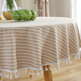meioro Round Tablecloth Beige White Soft Plain Striped Linen Table Cloth, Table Clothes with Tassel Fringe Trim for Side Table Coffee Tea End Tables(59 Inch Round / 150 CM)