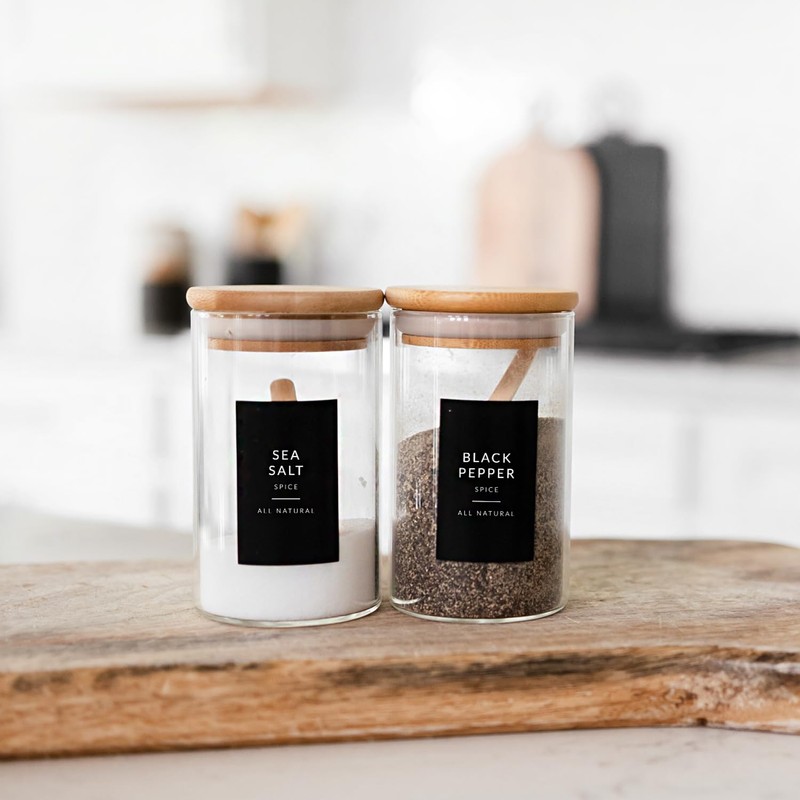 Black Spice Labels for Glass Jars, 148 Spice Jar Labels