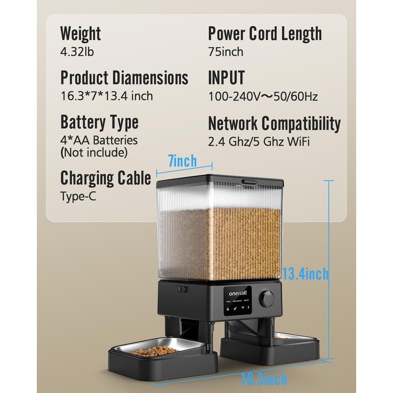 oneisall Automatic Cat Feeder with 5G WiFi, Automatic Cat Food