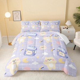 QOOMO Bear Comforter Full Size,Kawaii Bedding Set for Kids Teens Girls,3Pcs Bedding Set Printed Comforter with 2 Pillowcases,Down Alternative,Soft and Lightweight，Full Size