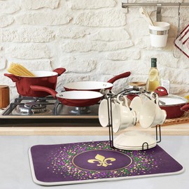 ZzWwR Mardi Gras Holiday Golden Fleur-De-Lis Purple Absorbent Dish Drying Mat, 16 x 18 Inches Microfiber Kitchen Countertop Table Protector Multi-purpose Counter Rack Sink Drainer Pad