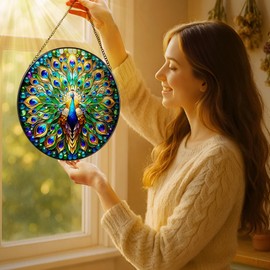 Stained Glass Window Hanging, LAOWEIKI 8'' Peacock Suncatcher, Stained Glass Ornament, Suncatchers for Windows Hanging, Window Decor, Outdoor or Indoor, Gifts for Women, Lovers, Couple, Friend, Bestie